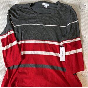 Liz Claiborne 2X Striped Pullover Sweater Red Gray 3/4 Sleeve NWT